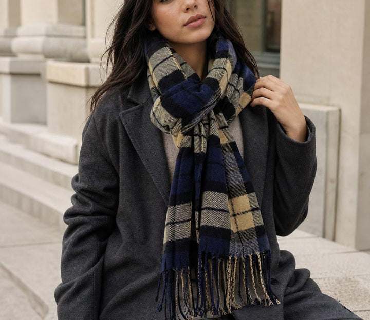 Navy Plaid Fringe Scarf