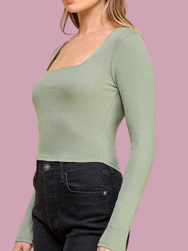 Lace-Trimmed Square Neck Top