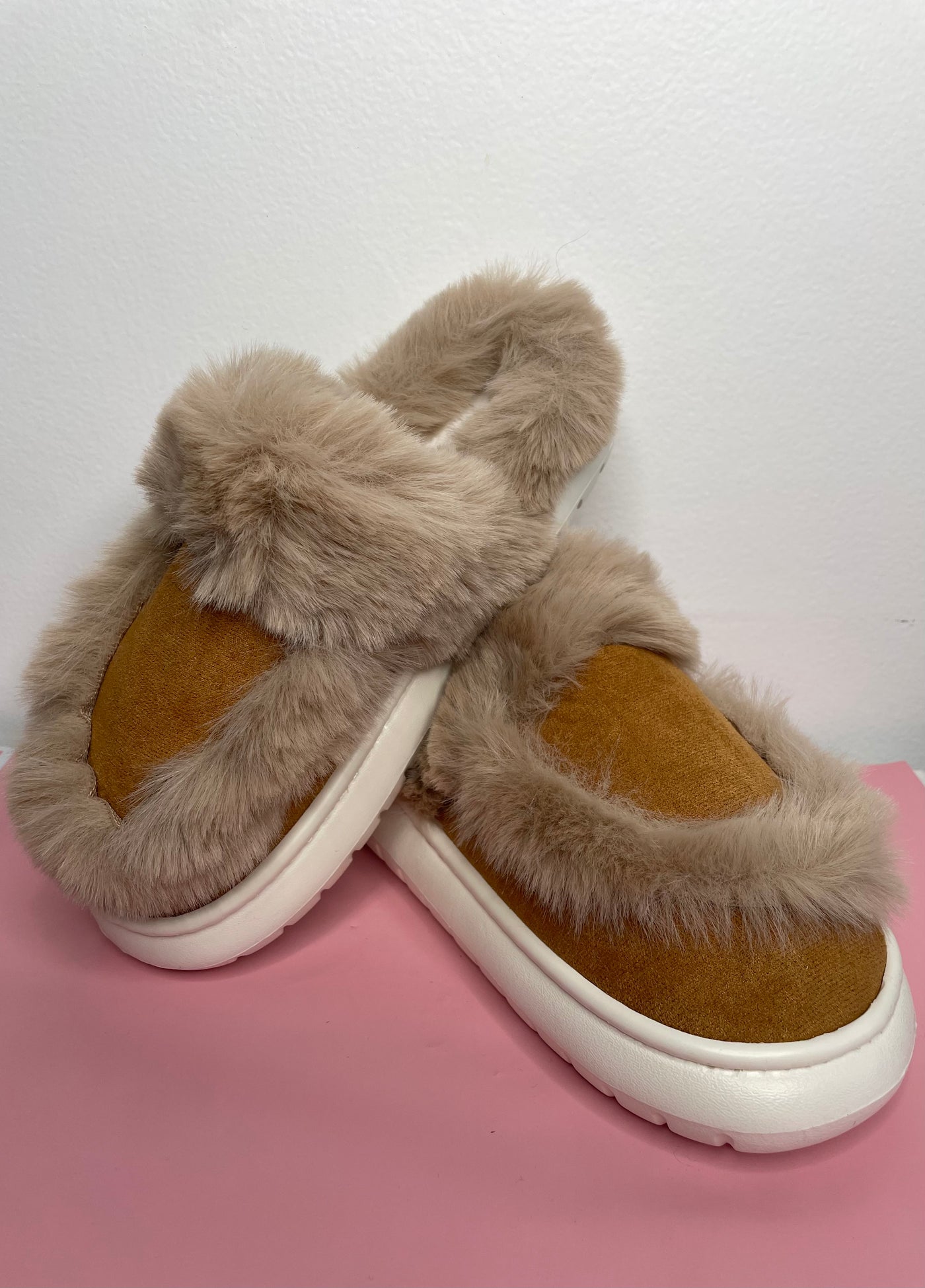 Tan Suede Fuzzy Slippers