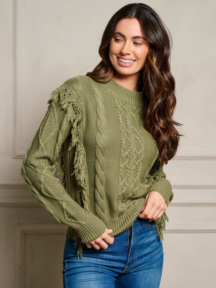 Olive Fringe Trim Sweater