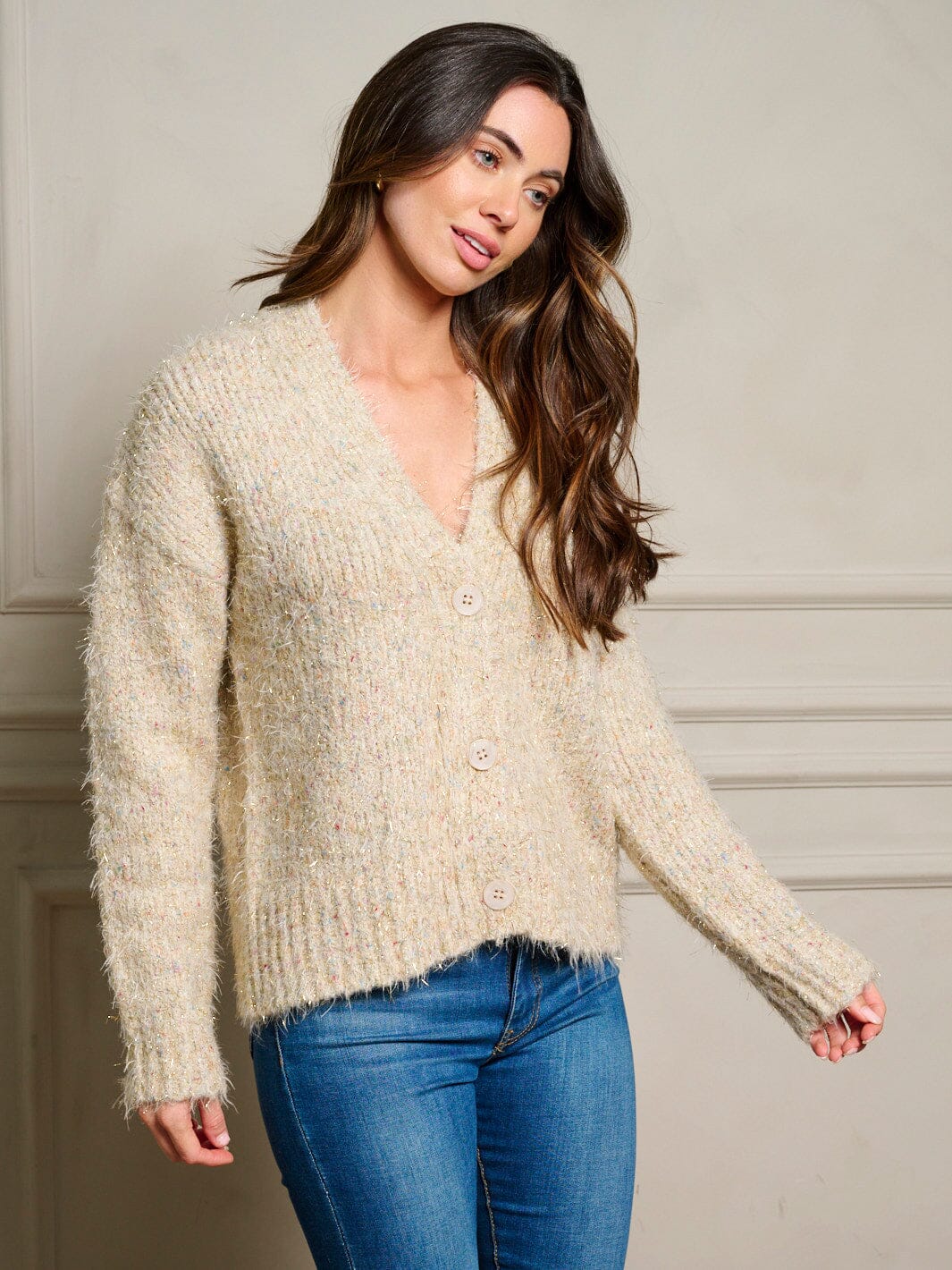 Beige Shimmer Button Cardigan