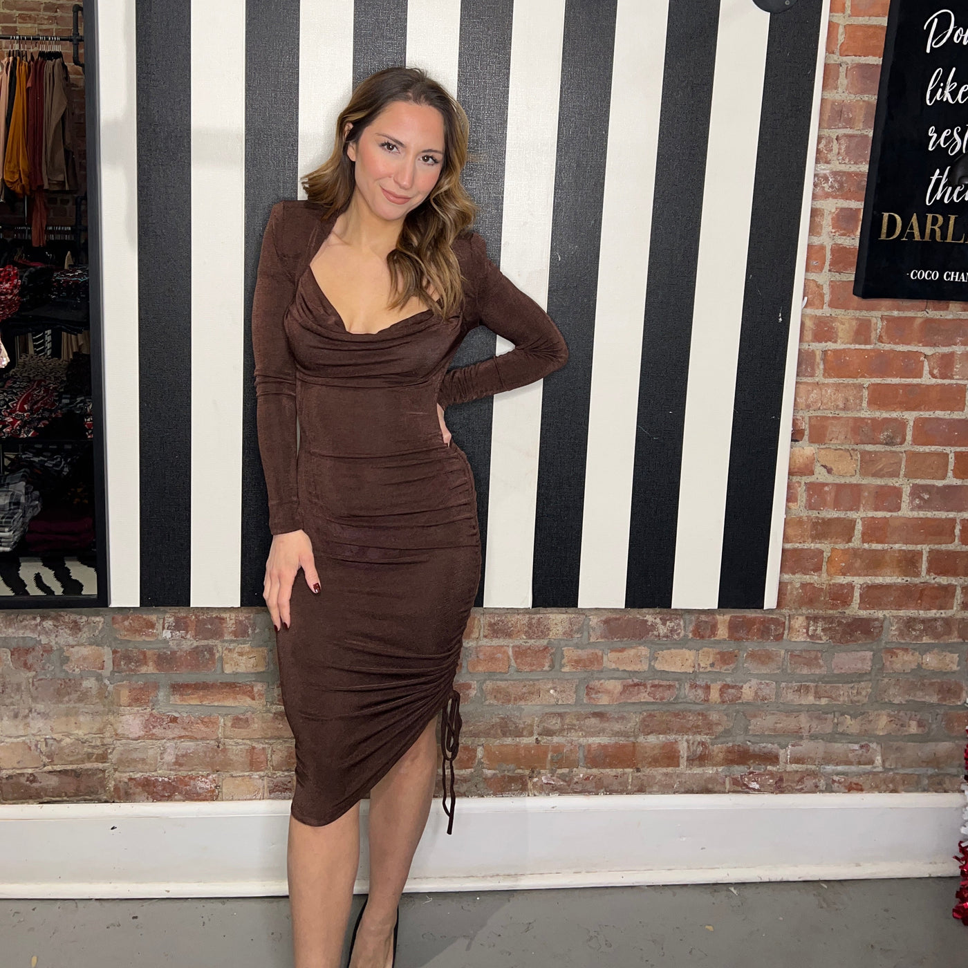Brown ruched bodycon dress