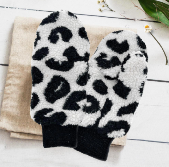 White Leopard Teddy Mitten Gloves